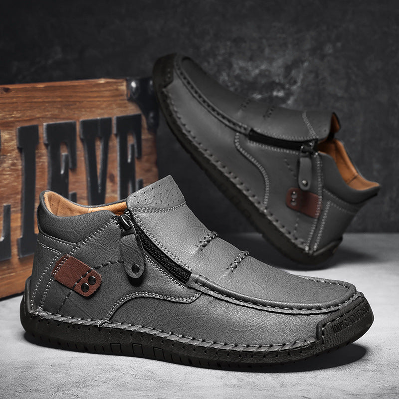 Men's Shoes, Casual And Versatile, Outdoor Casual Slip-On Flat Handmade Leather Shoes, Spring High-Top