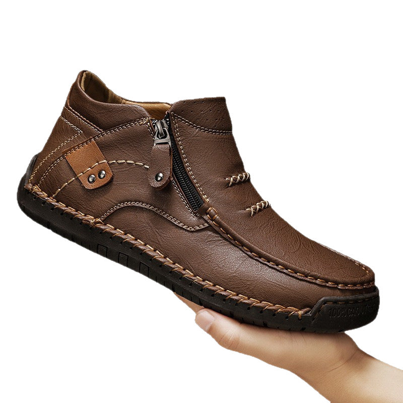 Men's Shoes, Casual And Versatile, Outdoor Casual Slip-On Flat Handmade Leather Shoes, Spring High-Top