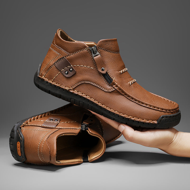 Men's Shoes, Casual And Versatile, Outdoor Casual Slip-On Flat Handmade Leather Shoes, Spring High-Top