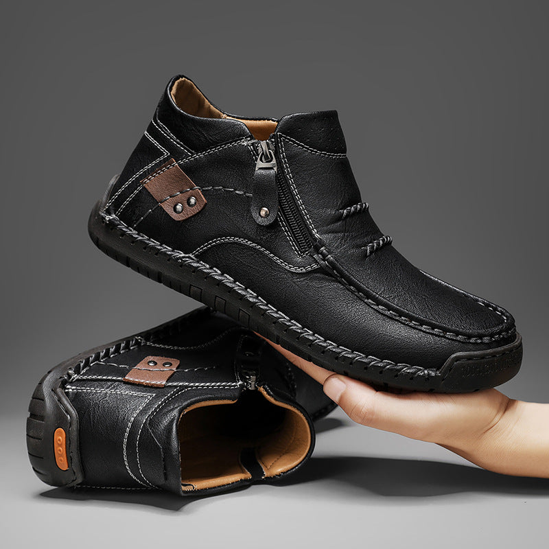 Men's Shoes, Casual And Versatile, Outdoor Casual Slip-On Flat Handmade Leather Shoes, Spring High-Top